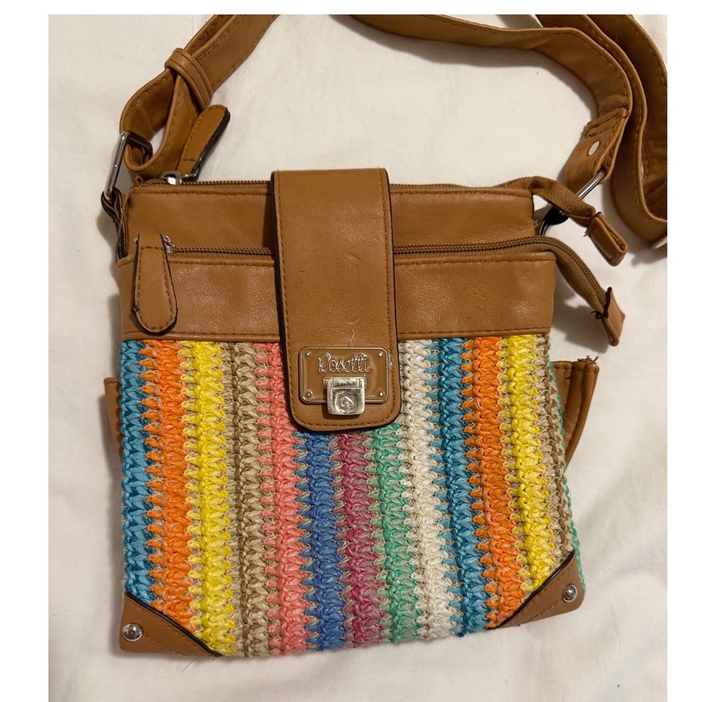 Rosetti Rainbow Striped Woven Crossbody Bag Brown‎ Faux Leather Small Organizer